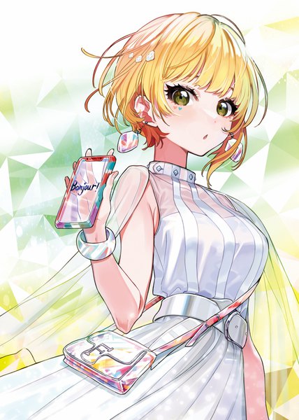 Anime picture 857x1200 with idolmaster idolmaster cinderella girls miyamoto frederica yuu (higashi no penguin) single tall image fringe short hair open mouth blonde hair standing holding green eyes looking away blunt bangs text facial mark transparent french text girl