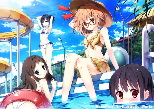 Anime picture 1200x848 with kyoukai no kanata kyoto animation kuriyama mirai nase mitsuki shindou ai kaho okashii long hair looking at viewer blush short hair blue eyes light erotic black hair smile red eyes brown hair sitting multiple girls brown eyes sky