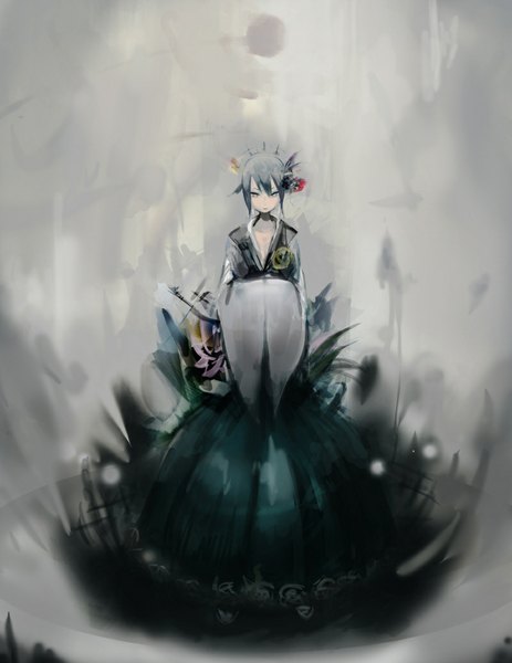 Anime picture 800x1036 with original toi (number8) single tall image looking at viewer short hair standing green eyes cleavage long sleeves hair flower grey hair grey background girl dress hair ornament flower (flowers) hairclip