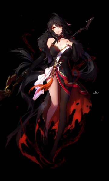 Anime picture 1701x2834 with elsword ara haan devi (elsword) swd3e2 single long hair tall image looking at viewer fringe highres breasts open mouth light erotic simple background hair between eyes large breasts signed cleavage full body hair over one eye