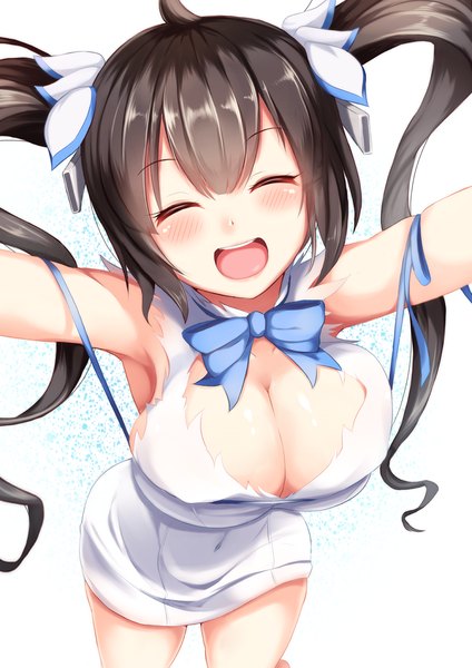 Anime picture 996x1408 with dungeon ni deai wo motomeru no wa machigatteiru darou ka j.c. staff hestia (danmachi) igayan long hair tall image looking at viewer blush breasts open mouth light erotic black hair smile large breasts twintails eyes closed covered navel rei no himo girl dress