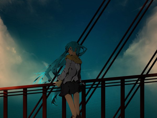 Anime picture 1600x1200 with vocaloid hatsune miku irena (artist) single long hair twintails cloud (clouds) aqua eyes wind from behind aqua hair girl scarf