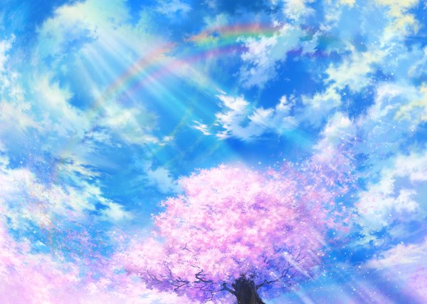 Аниме картинка 2000x1426 с оригинальное изображение iy (tsujiki) высокое разрешение небо облако (облака) цветущая вишня без людей пейзаж растение (растения) дерево (деревья) лист (листья) радуга
