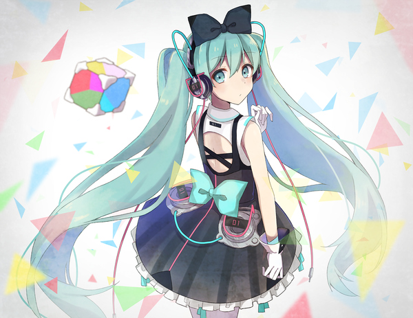 Anime picture 2000x1546 with vocaloid hatsune miku tadaomi (amomom) single long hair fringe highres hair between eyes twintails looking back aqua eyes from behind aqua hair girl dress gloves bow hair bow white gloves headphones