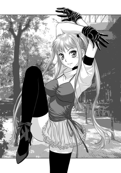 Anime picture 841x1200 with original toshiki yui single long hair tall image looking at viewer blush twintails grey hair grey eyes monochrome girl thighhighs dress gloves black thighhighs black gloves
