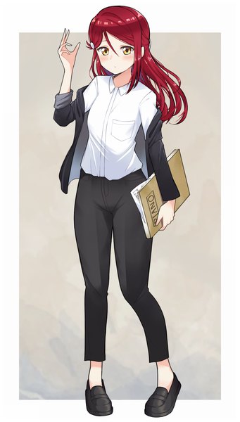 Anime picture 1480x2600 with love live! sunshine!! sunrise (studio) love live! sakurauchi riko ceph (greatyazawa1819) single long hair tall image blush fringe simple background hair between eyes standing holding yellow eyes full body red hair off shoulder open jacket alternate costume