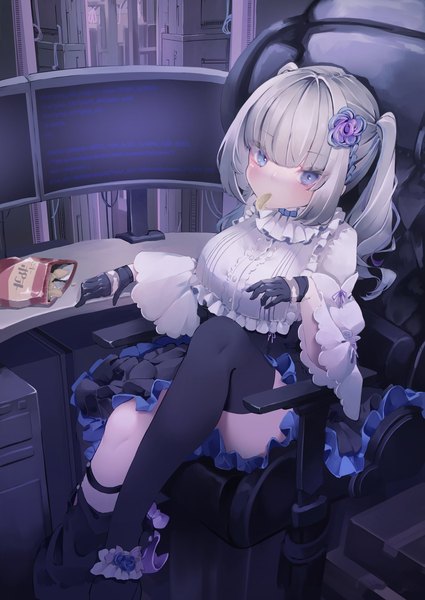 Anime picture 1451x2048 with original nyankoni koban single long hair tall image looking at viewer fringe blue eyes sitting twintails holding payot silver hair bent knee (knees) indoors blunt bangs hair flower mouth hold frilled dress lolita fashion