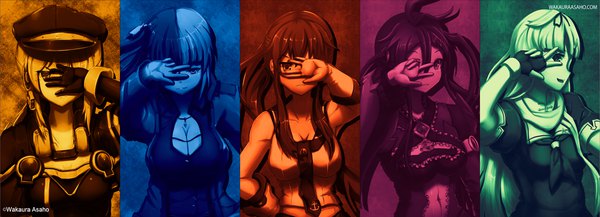 Anime picture 3840x1390 with kantai collection starcraft blizzard entertainment yuudachi destroyer yahagi light cruiser battlecruiser (starcraft) overseer odin (starcraft) wakaura asaho long hair looking at viewer highres open mouth wide image standing multiple girls signed upper body profile multicolored hair