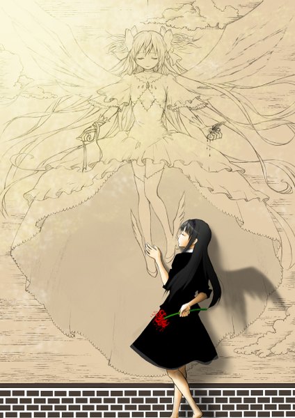 Anime picture 868x1228 with mahou shoujo madoka magica shaft (studio) akemi homura kaname madoka goddess madoka homulilly rokukun single long hair tall image black hair bent knee (knees) eyes closed barefoot bare legs shadow spread arms drawing goddess girl