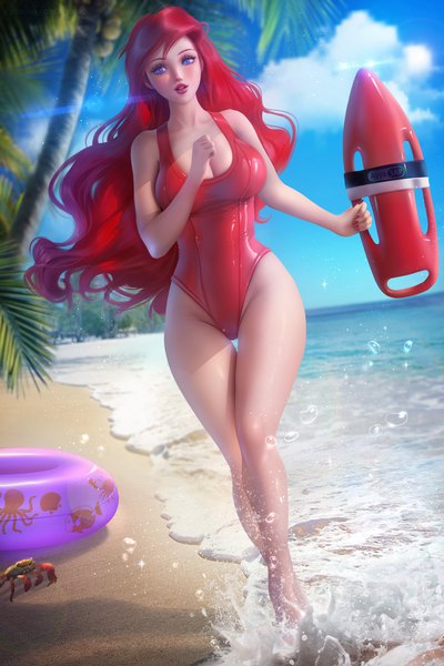 Anime picture 4000x6000 with the little mermaid baywatch disney ariel ayyasap single long hair tall image looking at viewer blush fringe highres breasts open mouth blue eyes light erotic large breasts holding signed absurdres