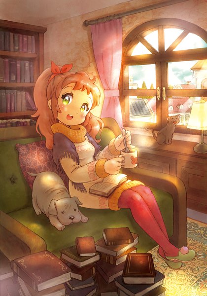 Anime picture 1323x1890 with original nanami tomorou single long hair tall image open mouth brown hair sitting green eyes full body ponytail indoors head tilt sunlight sunbeam girl bow hair bow animal pantyhose