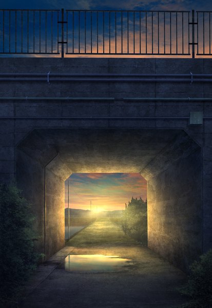 Anime picture 1042x1514 with original mks tall image sky cloud (clouds) evening sunset no people landscape scenic river fence bridge road bushes puddle tunnel