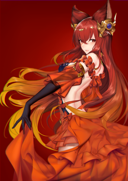 Anime picture 2893x4092 with granblue fantasy anthuria yagitome87 single long hair tall image looking at viewer blush fringe highres breasts open mouth light erotic smile hair between eyes red eyes animal ears red hair parted lips multicolored hair