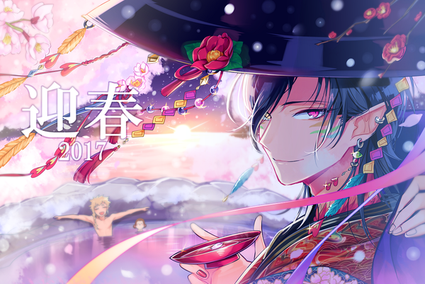 Anime picture 1150x770 with original miyukiyo long hair looking at viewer black hair blonde hair smile pink eyes pointy ears multiple boys heterochromia cherry blossoms facial mark new year 2017 boy hat earrings animal petals