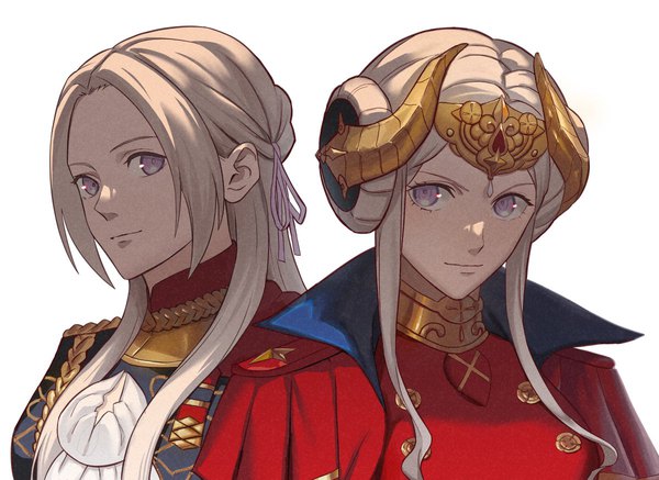 Anime picture 1200x873 with fire emblem fire emblem: three houses nintendo edelgard von hresvelg aizumi240326 long hair looking at viewer fringe short hair simple background smile white background purple eyes multiple girls payot silver hair upper body horn (horns) dual persona multiple persona