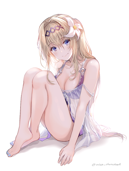 Anime-Bild 786x1044 mit granblue fantasy jeanne d'arc (granblue fantasy) myusha single long hair tall image looking at viewer blush fringe breasts blue eyes light erotic simple background blonde hair smile hair between eyes white background sitting bare shoulders signed