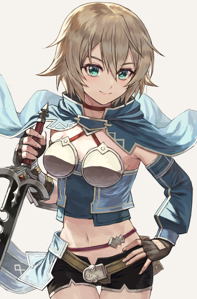 Anime picture 667x1011 with sword art online a-1 pictures philia (sao) fagi (kakikaki) single tall image fringe short hair simple background blonde hair smile hair between eyes green eyes looking away upper body hand on hip girl gloves navel weapon
