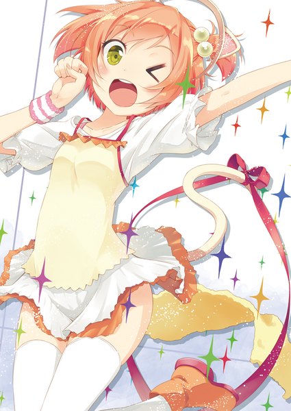 Anime picture 708x1000 with love live! school idol project sunrise (studio) love live! hoshizora rin hirose madoka single tall image blush short hair open mouth smile green eyes animal ears tail animal tail one eye closed wink cat ears orange hair arms up
