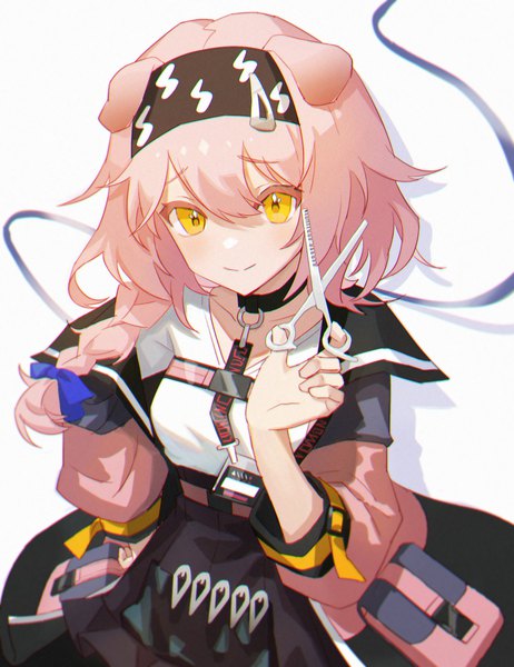 Anime picture 2034x2644 with arknights goldenglow (arknights) pingdiguo single long hair tall image fringe highres simple background smile hair between eyes white background animal ears yellow eyes looking away pink hair braid (braids) from above cat ears open jacket