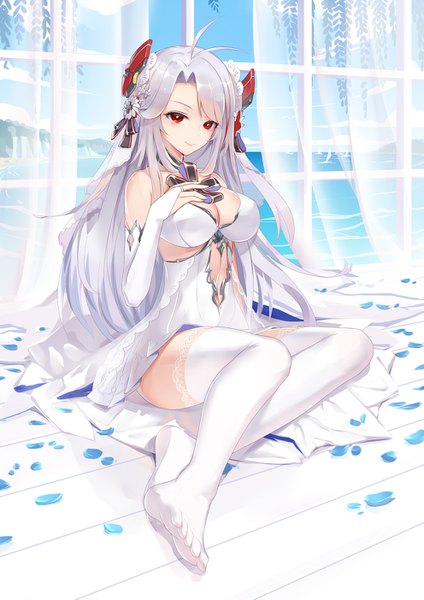 Anime picture 992x1403 with azur lane prinz eugen (azur lane) prinz eugen (symphonic fate) (azur lane) liu lan single long hair tall image looking at viewer blush fringe breasts light erotic smile red eyes large breasts sitting bare shoulders sky silver hair cloud (clouds)