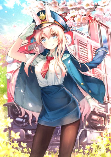 Anime picture 1736x2456 with original pierorabu single long hair tall image looking at viewer blush fringe highres blue eyes smile hair between eyes standing animal ears pink hair outdoors sunlight short sleeves bunny ears cherry blossoms