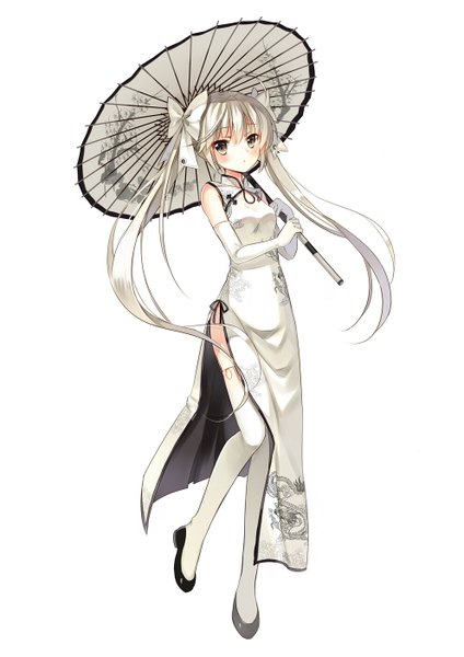 Anime picture 992x1403 with yosuga no sora kasugano sora jiji (381134808) single long hair tall image looking at viewer blush fringe breasts simple background hair between eyes standing white background twintails holding brown eyes silver hair full body ahoge