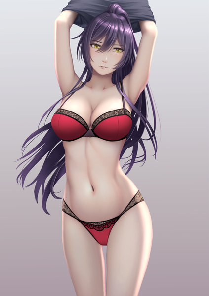 Anime picture 1158x1641 with idolmaster idolmaster shiny colors shirase sakuya uguisu go single long hair tall image looking at viewer blush fringe breasts light erotic simple background hair between eyes standing yellow eyes cleavage purple hair ponytail parted lips