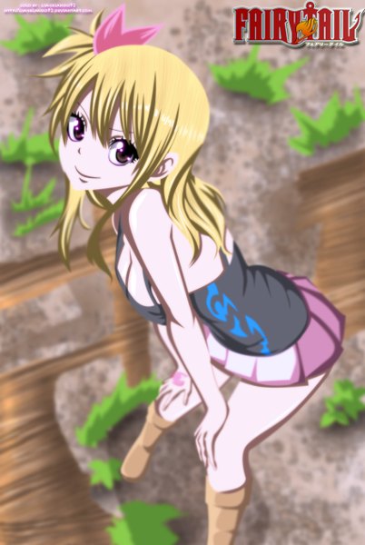 Anime picture 850x1268 with fairy tail lucy heartfilia seireiart single long hair tall image blonde hair smile brown eyes pleated skirt from above inscription tattoo coloring girl skirt bow hair bow thigh boots