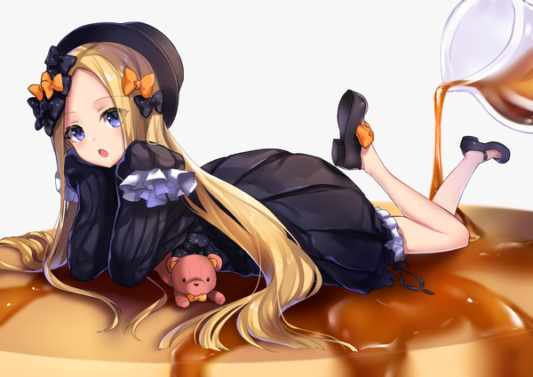 Anime picture 1684x1191 with fate (series) fate/grand order abigail williams (fate) hane yuki single long hair looking at viewer blush fringe open mouth blue eyes blonde hair simple background white background lying :o on stomach chin rest hands in sleeves minigirl