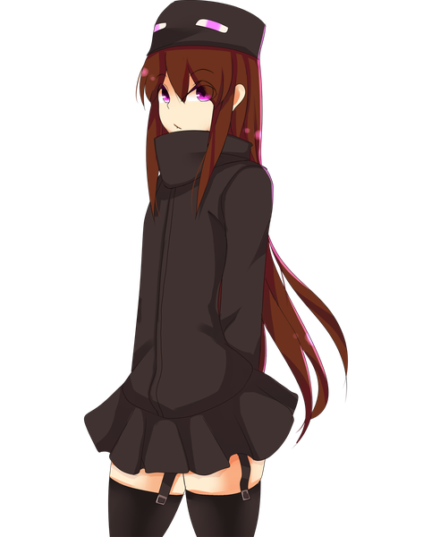 Anime picture 982x1218 with minecraft enderman tagme (artist) single long hair tall image looking at viewer fringe hair between eyes brown hair standing purple eyes payot lens flare hands behind back transparent background personification girl thighhighs skirt