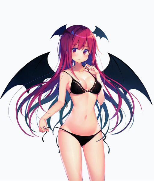 Anime picture 1192x1398 with touhou koakuma koto seori single long hair tall image blush fringe breasts light erotic simple background hair between eyes red eyes white background red hair groin ass visible through thighs demon wings head wings girl