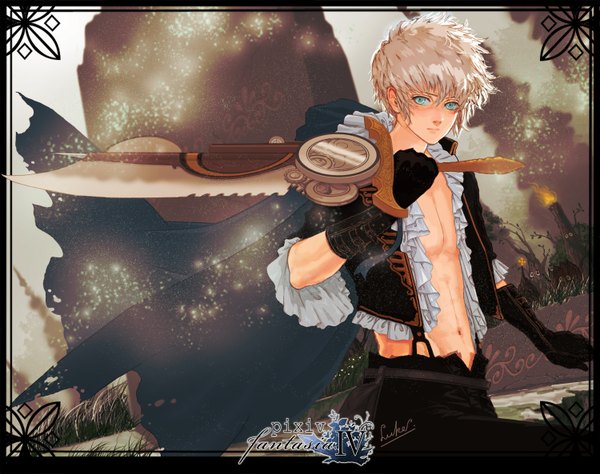 Anime picture 1500x1185 with original pixiv fantasia pixiv fantasia iv luke (artist) single looking at viewer short hair blonde hair standing holding signed aqua eyes inscription open clothes framed boy gloves navel weapon plant (plants)