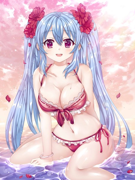 Anime picture 1500x2000 with sword girls luthica preventer blanket (pixiv id=5439386) single long hair tall image looking at viewer blush fringe breasts open mouth light erotic large breasts purple eyes twintails blue hair cleavage wet girl swimsuit
