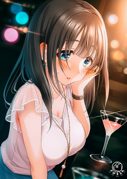 Anime picture 800x1130 with original tsukana (saba mizore) single tall image blush fringe short hair breasts open mouth blue eyes black hair hair between eyes large breasts payot cleavage blurry short sleeves dutch angle depth of field lens flare