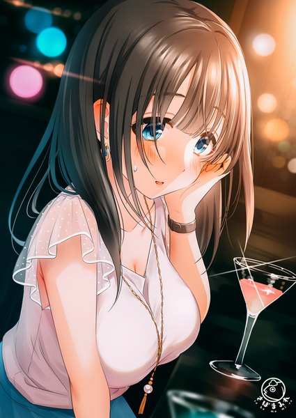 Anime-Bild 800x1130 mit original tsukana (saba mizore) single tall image blush fringe short hair breasts open mouth blue eyes black hair hair between eyes large breasts payot cleavage blurry short sleeves dutch angle depth of field lens flare