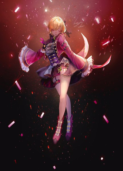 Anime picture 750x1040 with idolmaster idolmaster cinderella girls idolmaster cinderella girls starlight stage miyamoto frederica koyo akio single tall image short hair blonde hair full body eyes closed wide sleeves bare legs crossed legs (standing) soleil et lune girl thigh strap tailcoat