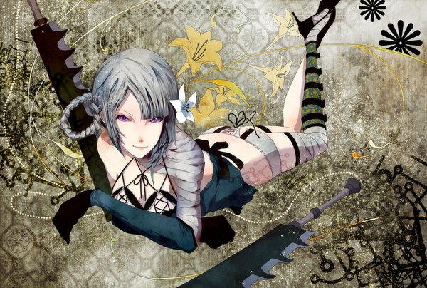 Anime picture 1186x799 with nier nier replicant kaine (nier) light erotic purple eyes holding silver hair braid (braids) hair flower dual wielding girl hair ornament underwear panties weapon bandage (bandages)