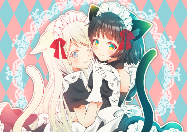 Anime picture 1200x847 with original sheepd long hair looking at viewer blush short hair blue eyes black hair blonde hair smile multiple girls animal ears yellow eyes tail animal tail one eye closed cat ears maid cat tail shoujo ai