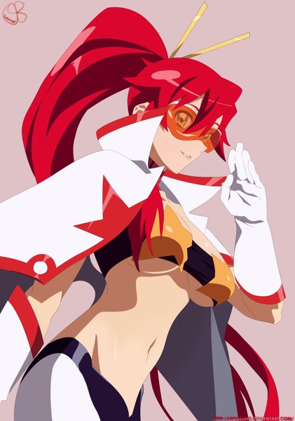 Anime picture 4908x6992 with tengen toppa gurren lagann gainax yoko littner leonel098 single long hair tall image highres light erotic smile yellow eyes absurdres ponytail red hair lips midriff coloring pink background girl gloves