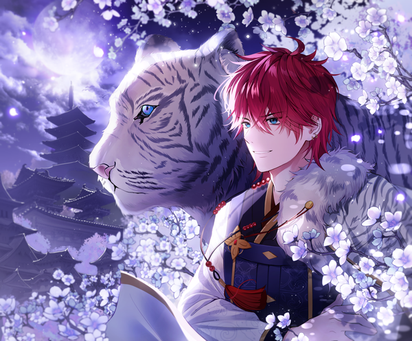 Anime picture 1500x1243 with ensemble stars! amagi rinne 364 holidays single fringe short hair blue eyes smile hair between eyes looking away red hair piercing cherry blossoms ear piercing architecture east asian architecture boy animal moon full moon