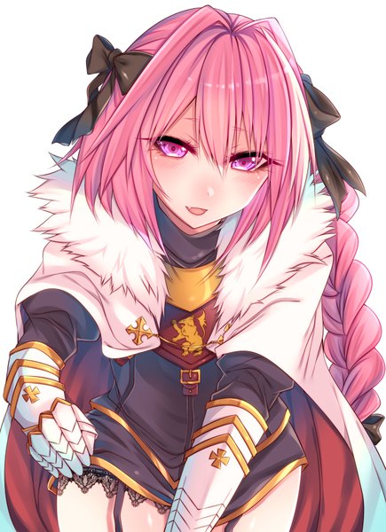 Anime picture 750x1033 with fate (series) fate/grand order fate/apocrypha astolfo (fate) shisei (kyuushoku banchou) single tall image blush fringe open mouth simple background hair between eyes standing white background purple eyes pink hair braid (braids) teeth leaning alternate costume