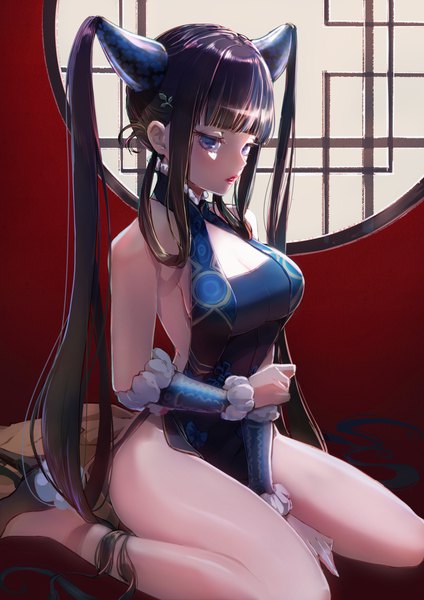 Anime picture 800x1132 with fate (series) fate/grand order yang guifei (fate) misty cj single tall image fringe breasts blue eyes light erotic black hair large breasts sitting twintails cleavage blunt bangs very long hair traditional clothes bare legs lipstick