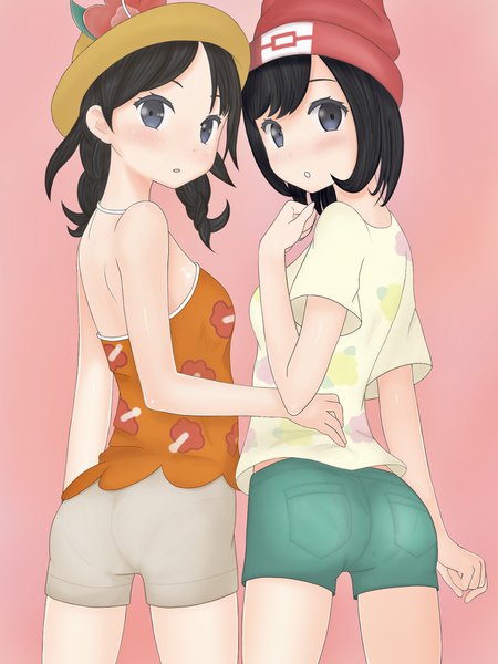 Anime picture 1536x2048 with pokemon pokemon (game) pokemon sm pokemon ultra sm nintendo selene (pokemon) mout tall image looking at viewer blush fringe short hair open mouth black hair simple background standing multiple girls ass braid (braids) parted lips