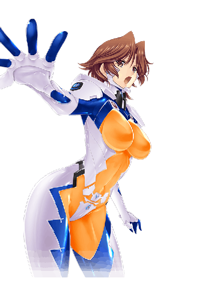Anime picture 640x900 with muv-luv alternative muv-luv isumi michiru single tall image short hair breasts open mouth light erotic brown hair large breasts brown eyes looking away thighs outstretched arm transparent background arched back shiny clothes girl navel