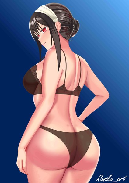 Anime picture 3508x4961 with spy x family yor briar ronikx art single tall image looking at viewer blush fringe highres short hair breasts light erotic black hair simple background hair between eyes red eyes large breasts standing signed payot