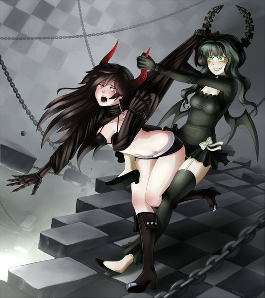 Anime picture 1800x2025 with black rock shooter dead master black gold saw long hair tall image highres open mouth black hair red eyes multiple girls green eyes horn (horns) girl thighhighs black thighhighs 2 girls wings bikini top