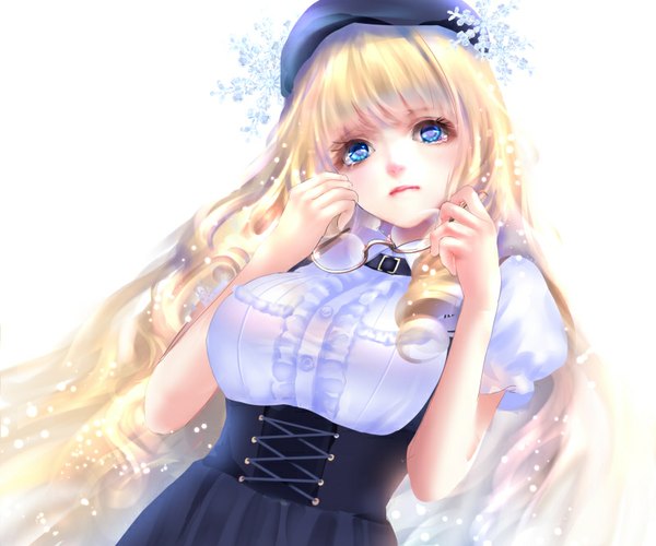 Anime picture 800x667 with original ponytail korosuke single long hair looking at viewer blue eyes blonde hair white background from below drill hair girl dress glasses beret snowflake (snowflakes)
