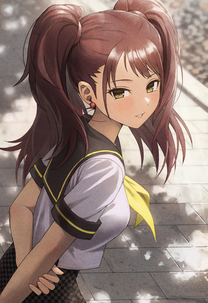 Anime picture 926x1345 with persona 4 persona persona 4 golden kujikawa rise fagi (kakikaki) single long hair tall image looking at viewer blush fringe brown hair standing twintails yellow eyes upper body outdoors parted lips short sleeves turning head