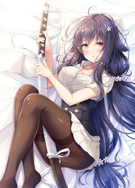 Anime picture 1100x1530 with azur lane azuma (azur lane) akashio (loli ace) single long hair tall image looking at viewer blush fringe breasts open mouth light erotic black hair hair between eyes holding yellow eyes bent knee (knees) from above short sleeves no shoes