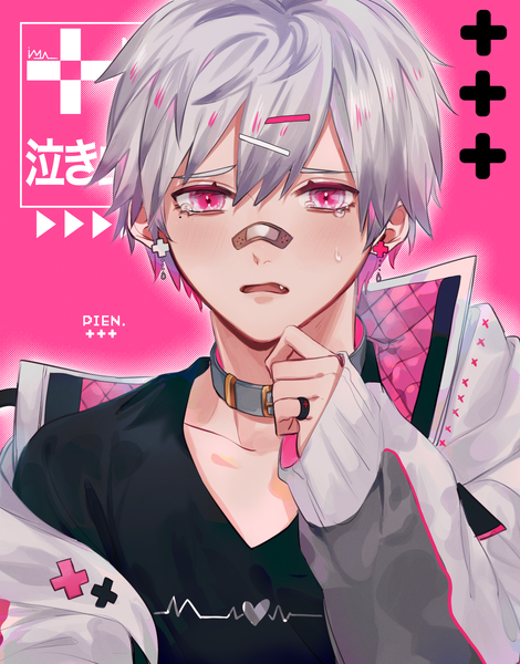 Anime picture 1800x2300 with original iyo (iyoo) single tall image looking at viewer fringe highres short hair hair between eyes silver hair upper body pink eyes tears pink background bandaid on nose boy jacket bobby pin ring collar